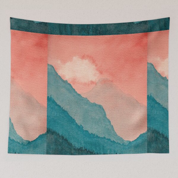 Item preview, Coral Sky Teal Mountains: Minimalist Watercolour Landscape designed and sold by ArithraStudio.