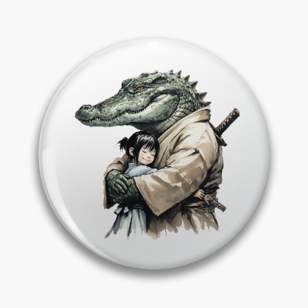 Item preview, The Protector - Gentle Samurai Crocodile Hugging Little Girl - Wholesome Japanese Watercolor designed and sold by ExpressoJungle.
