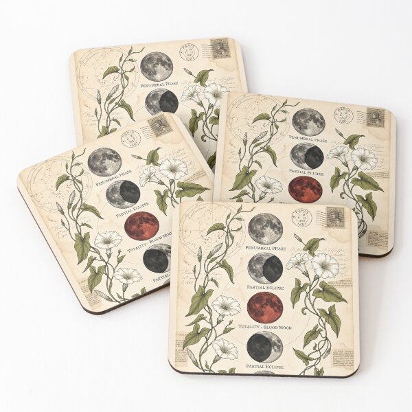 Item preview, Vintage Blood Moon Lunar Eclipse Botanical Ephemera & Astronomy Art designed and sold by MAGICKEY2024.