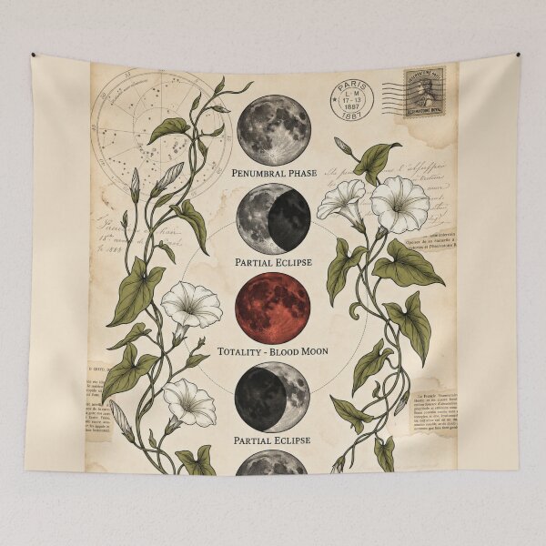 Item preview, Vintage Blood Moon Lunar Eclipse Botanical Ephemera & Astronomy Art designed and sold by MAGICKEY2024.