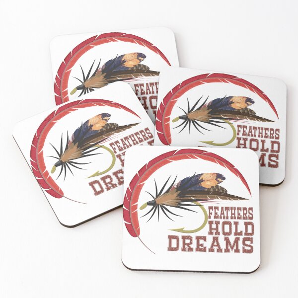 Item preview, Fly fishing illustration, logo style, text "Feathers Hold Dreams", trout fishing. designed and sold by Art-Horizon.