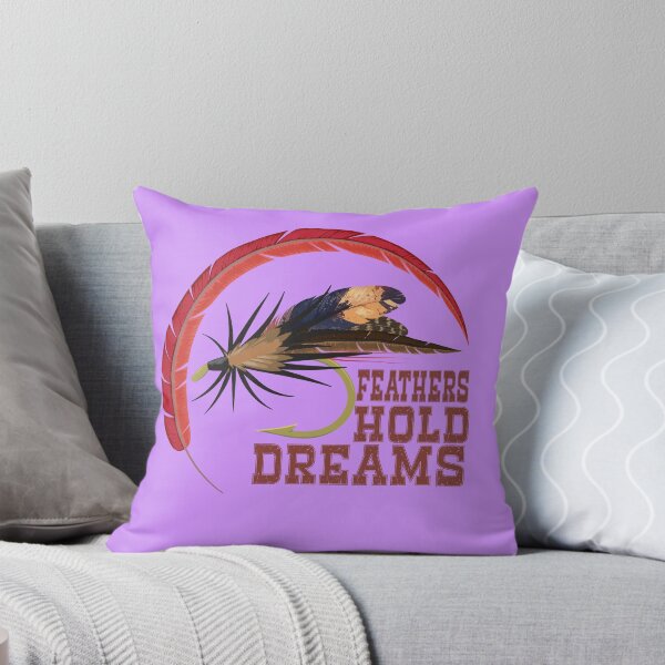 Item preview, Fly fishing illustration, logo style, text "Feathers Hold Dreams", trout fishing. designed and sold by Art-Horizon.