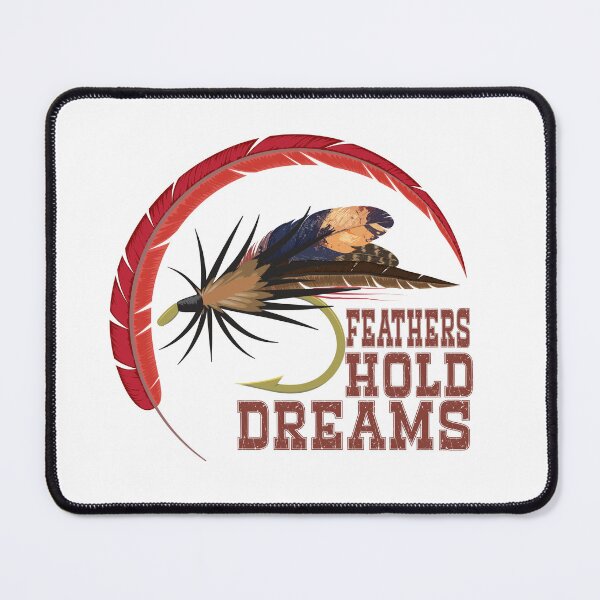 Item preview, Fly fishing illustration, logo style, text "Feathers Hold Dreams", trout fishing. designed and sold by Art-Horizon.