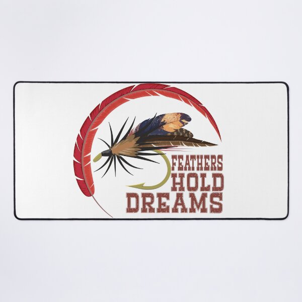 Item preview, Fly fishing illustration, logo style, text "Feathers Hold Dreams", trout fishing. designed and sold by Art-Horizon.