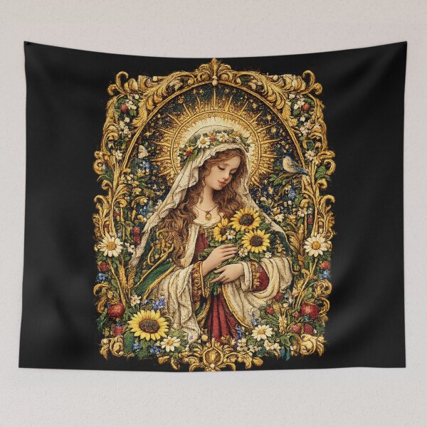 Item preview, Renaissance Saint Embroidery – Sunflower Halo Botanical Icon Art designed and sold by Emoji Emblems.