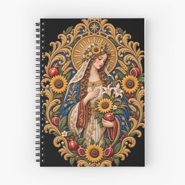 Item preview, Renaissance Saint Embroidery – Sunflower Pomegranate Sacred Botanical Portrait designed and sold by Emoji Emblems.