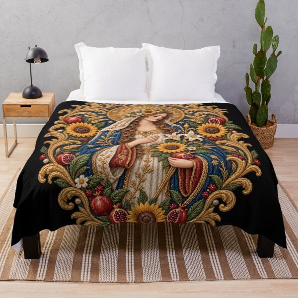 Item preview, Renaissance Saint Embroidery – Sunflower Pomegranate Sacred Botanical Portrait designed and sold by Emoji Emblems.