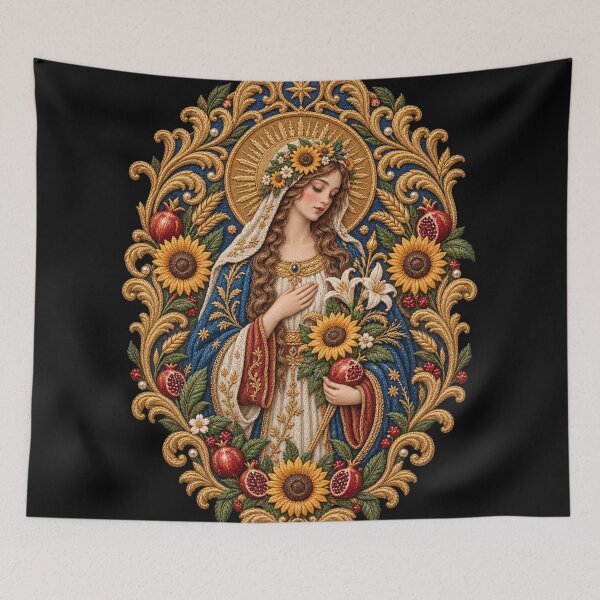 Item preview, Renaissance Saint Embroidery – Sunflower Pomegranate Sacred Botanical Portrait designed and sold by Emoji Emblems.