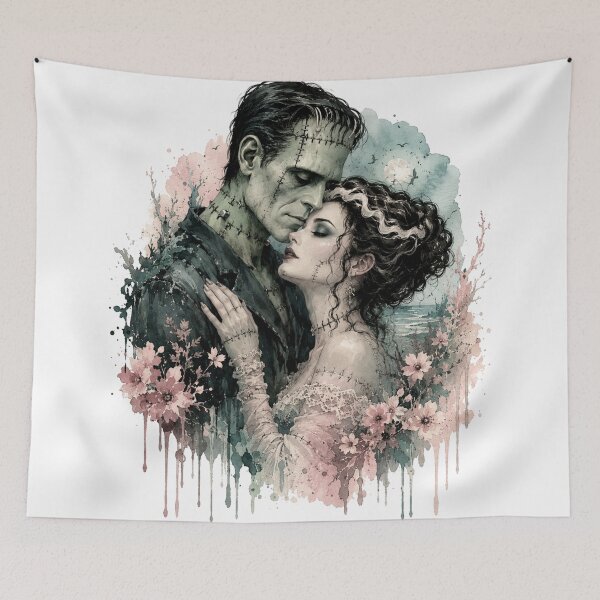 Item preview, Dark Romance Monster Couple Gothic Frankenstein Love Watercolour Pink Floral designed and sold by Yellowriversss.