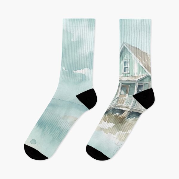 Artikelvorschau, Seaside Whispers – Aquarell eines Strandhauses entworfen und verkauft von Saxon Designs.