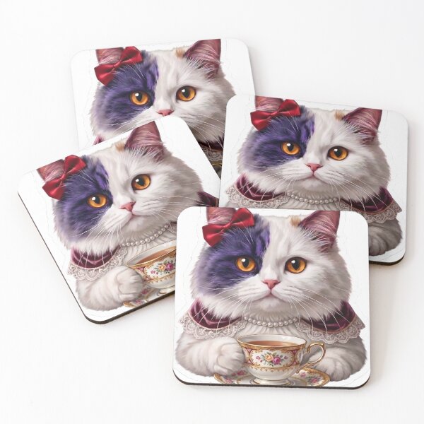Item preview, Purple & White Cat Drinking Tea | Elegant Victorian Kitten Design designed and sold by StackedPixels.