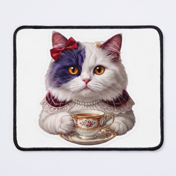 Item preview, Purple & White Cat Drinking Tea | Elegant Victorian Kitten Design designed and sold by StackedPixels.