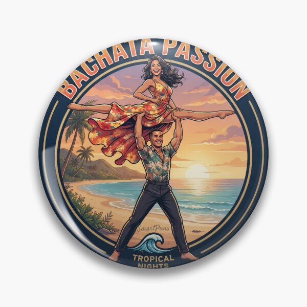 Item preview, Bachata Passion Tropical Nights – Acrobatic Split Lift Dance Couple, Round Sunset Beach Emblem Retro Graphic Apparel Sticker designed and sold by SmartPuns.