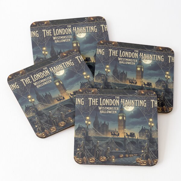 Item preview, London at Halloween poster, Big Ben with skeleton and sea of pumpkins, bats at sky designed and sold by Coolparrotgirl.
