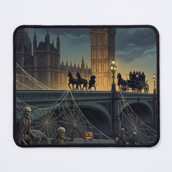 Item preview, London at Halloween poster, Big Ben with skeleton and sea of pumpkins, bats at sky designed and sold by Coolparrotgirl.