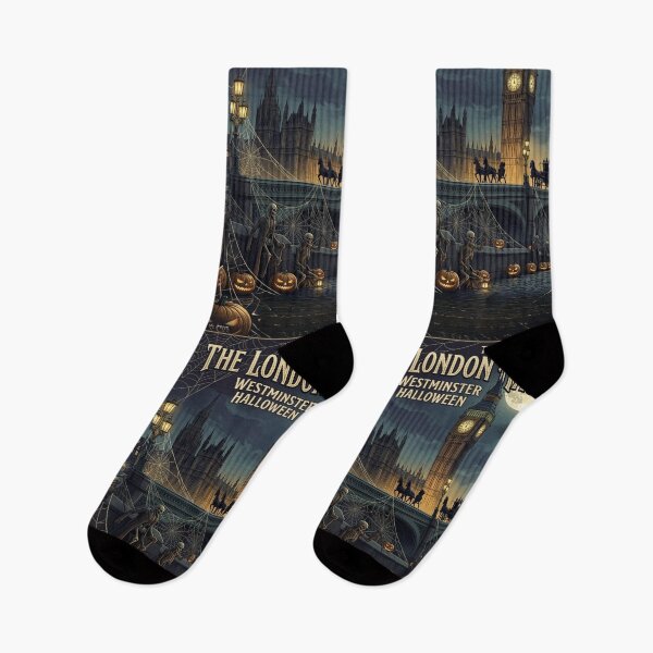 Item preview, London at Halloween poster, Big Ben with skeleton and sea of pumpkins, bats at sky designed and sold by Coolparrotgirl.