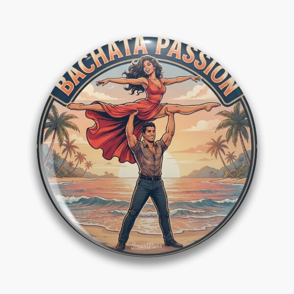 Item preview, Bachata Passion Red Dress Split – Acrobatic Latino Dance Couple Lift, Round Beach Sunset Emblem Retro Graphic Apparel Sticker designed and sold by SmartPuns.
