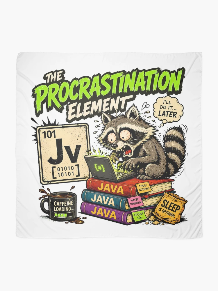 Thumbnail 2 of 3, Scarf, Procrastinating Java Programmer Raccoon Coding Humor designed and sold by chattsuede.