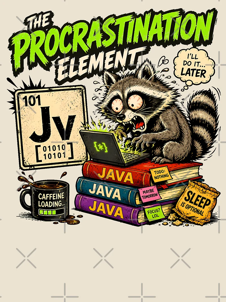 Thumbnail 4 of 4, Relaxed T-Shirt, Procrastinating Java Programmer Raccoon Coding Humor designed and sold by chattsuede.