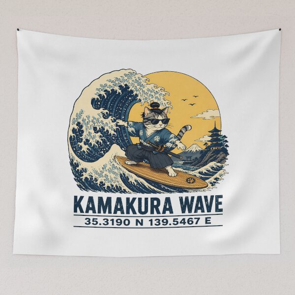 Item preview, Samurai Cat Surfing Wave Ukiyo-e Mount Fuji designed and sold by chattsuede.