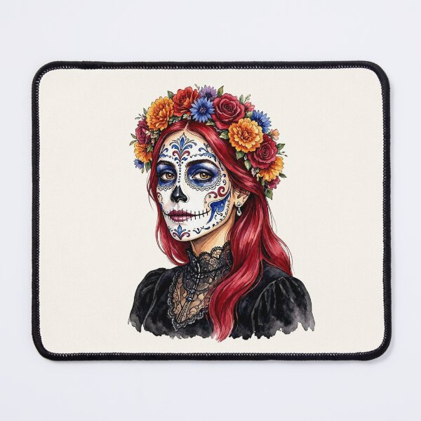 Item preview, Dia de los Muertos Sugar Skull Watercolor Woman with Red Hair and Marigold Crown  designed and sold by SweetLilith.