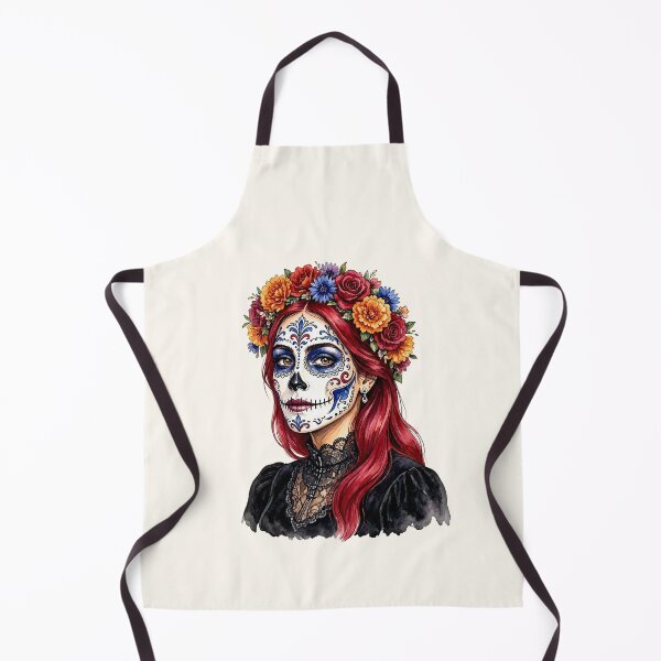 Item preview, Dia de los Muertos Sugar Skull Watercolor Woman with Red Hair and Marigold Crown designed and sold by SweetLilith.