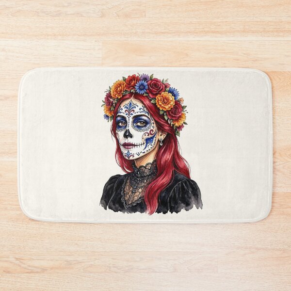 Item preview, Dia de los Muertos Sugar Skull Watercolor Woman with Red Hair and Marigold Crown  designed and sold by SweetLilith.