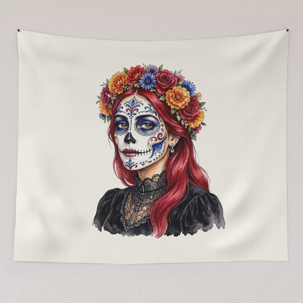 Item preview, Dia de los Muertos Sugar Skull Watercolor Woman with Red Hair and Marigold Crown  designed and sold by SweetLilith.