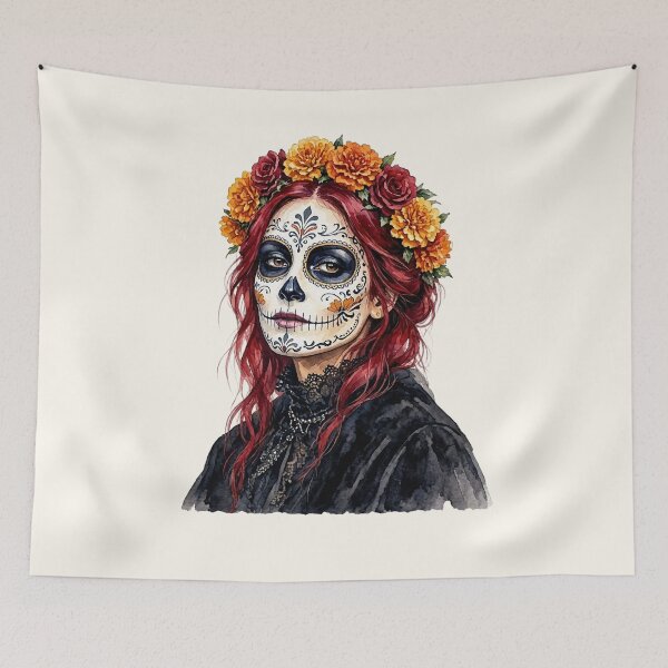 Item preview, Dia de los Muertos Sugar Skull Woman with Red Hair and Marigold Crown  designed and sold by SweetLilith.