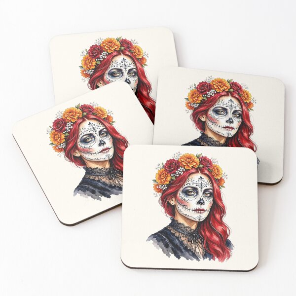 Item preview, Dia de los Muertos Sugar Skull Woman with Red Hair and Marigold Crown  designed and sold by SweetLilith.