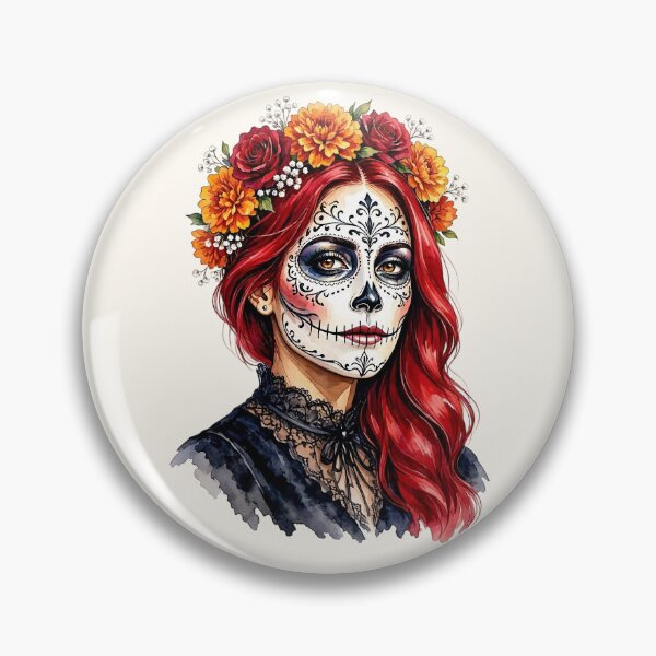 Item preview, Dia de los Muertos Sugar Skull Woman with Red Hair and Marigold Crown  designed and sold by SweetLilith.