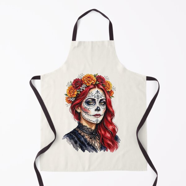Item preview, Dia de los Muertos Sugar Skull Woman with Red Hair and Marigold Crown designed and sold by SweetLilith.
