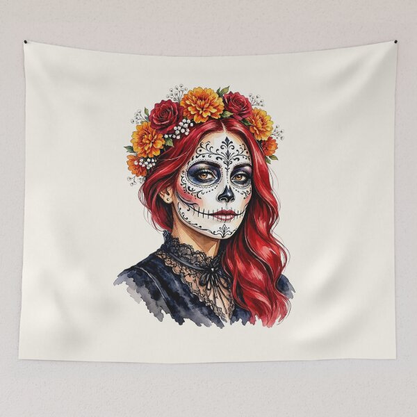 Item preview, Dia de los Muertos Sugar Skull Woman with Red Hair and Marigold Crown  designed and sold by SweetLilith.