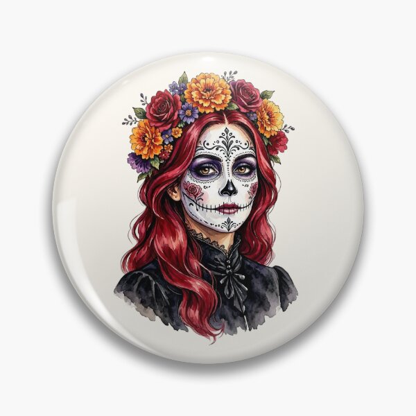 Item preview, Dia de los Muertos Sugar Skull Watercolor Woman with Red Hair and Marigold Crown  designed and sold by SweetLilith.