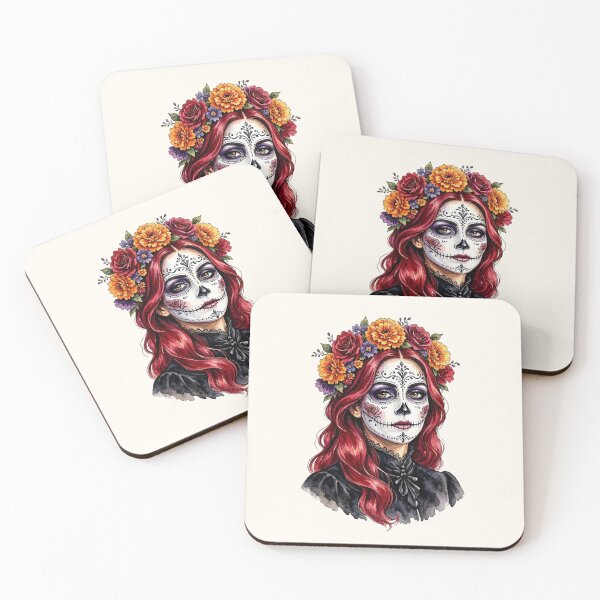 Item preview, Dia de los Muertos Sugar Skull Watercolor Woman with Red Hair and Marigold Crown  designed and sold by SweetLilith.