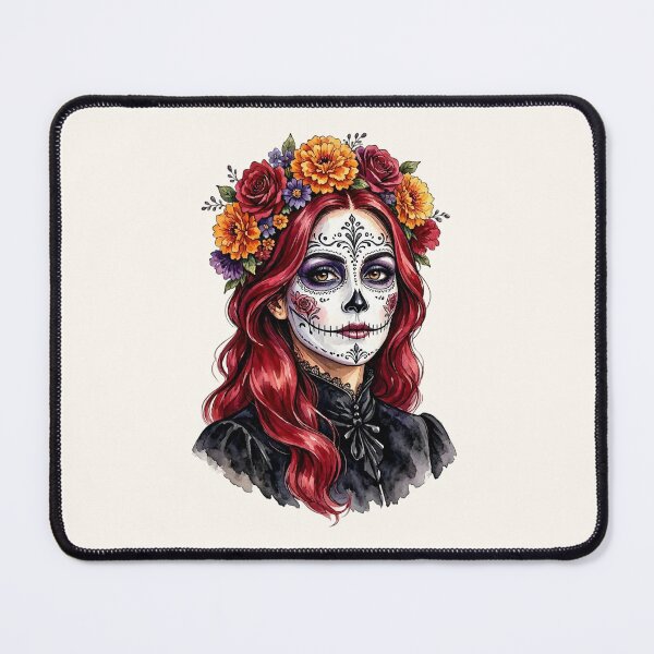Item preview, Dia de los Muertos Sugar Skull Watercolor Woman with Red Hair and Marigold Crown  designed and sold by SweetLilith.