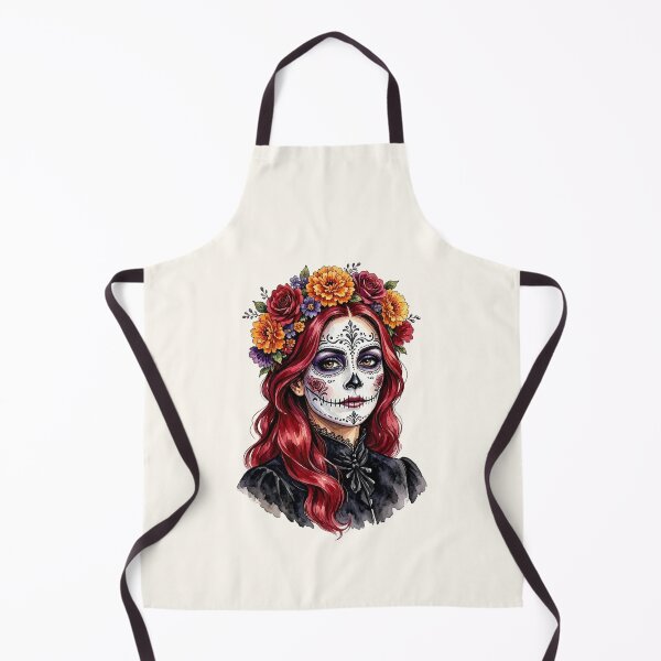 Item preview, Dia de los Muertos Sugar Skull Watercolor Woman with Red Hair and Marigold Crown designed and sold by SweetLilith.