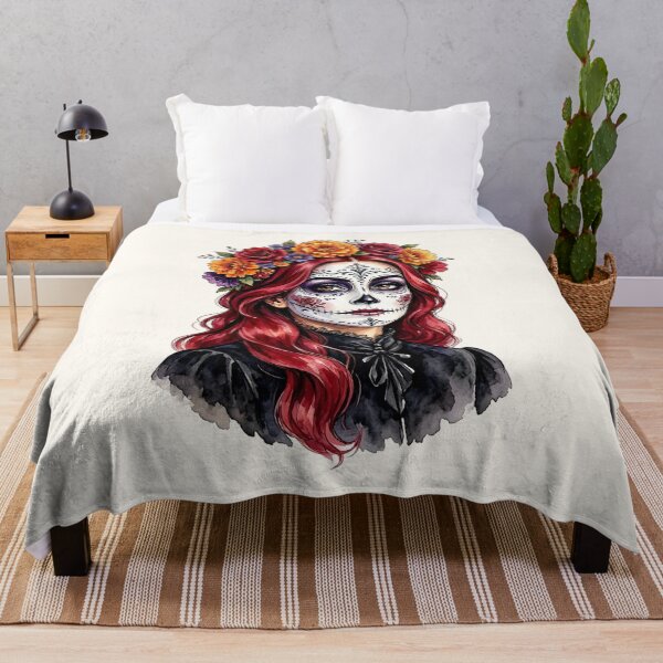 Item preview, Dia de los Muertos Sugar Skull Watercolor Woman with Red Hair and Marigold Crown designed and sold by SweetLilith.