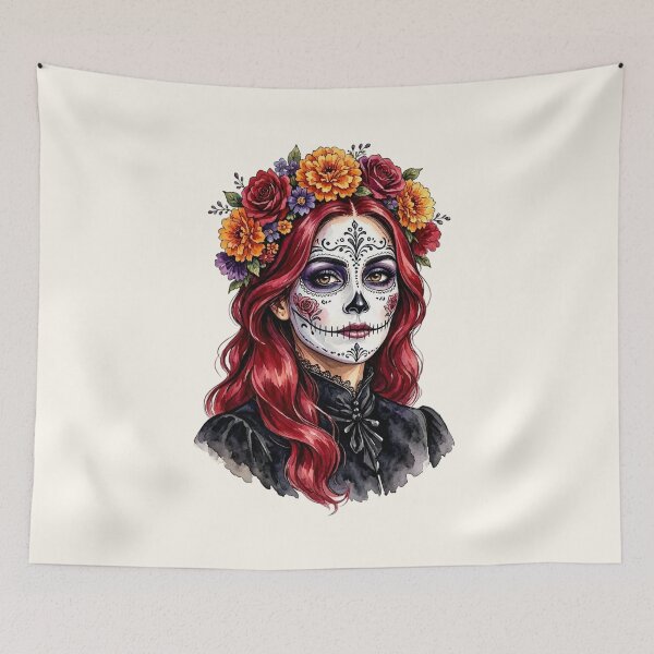 Item preview, Dia de los Muertos Sugar Skull Watercolor Woman with Red Hair and Marigold Crown  designed and sold by SweetLilith.