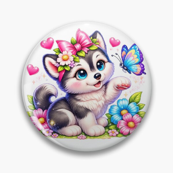 Artikelvorschau, Niedlicher Huskywelpe mit Blumen und Schmetterling – Kawaii-Blumen-Tierdesign entworfen und verkauft von Design Sounds Studio.