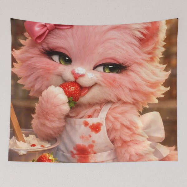 Item preview, Mimi Mew Strawberry Thief – Mischievous Pink Kawaii Cat Eating Strawberries designed and sold by Lalala cute.