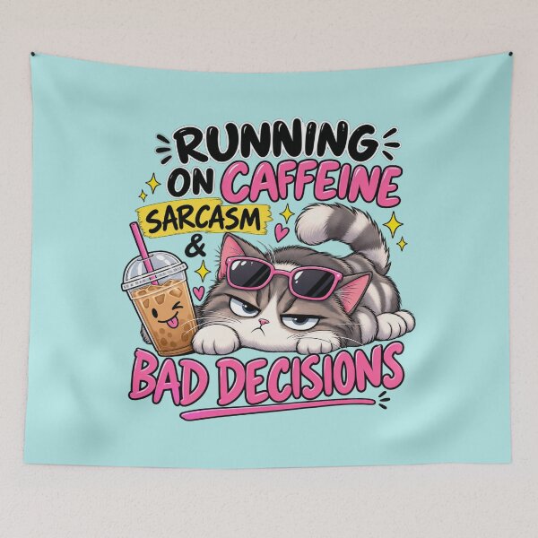 Item preview, Running on Caffeine & Sarcasm – Funny Cat Meme  designed and sold by StickyDelights.