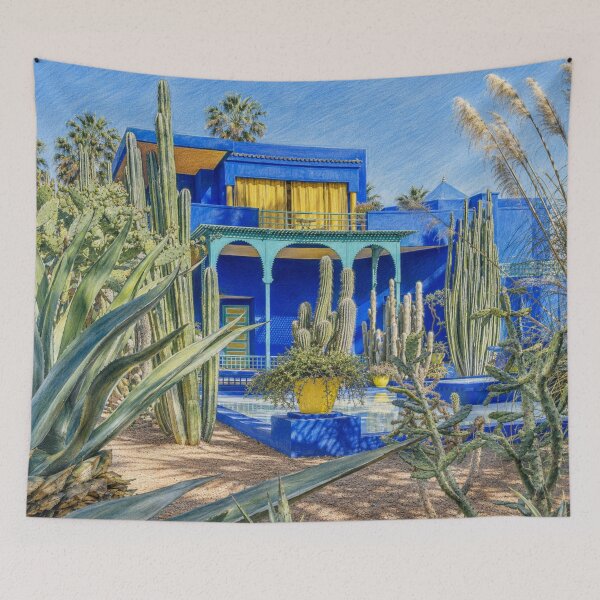 Item preview, Majorelle Blue House and Cactus Garden – Moroccan Botanical Illustration designed and sold by wiwiart.