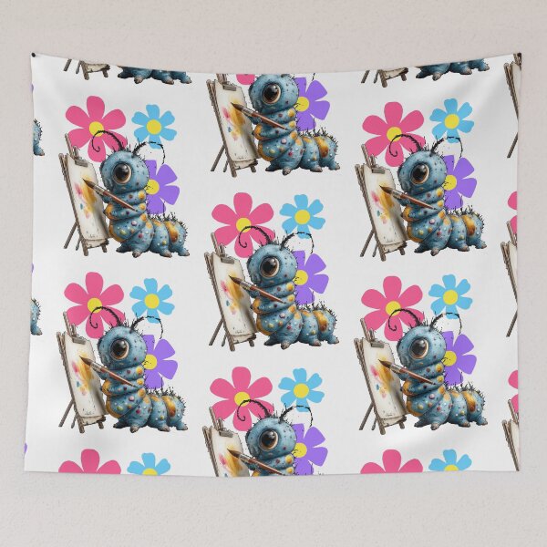 Item preview, A blue caterpillar using a paintbrush to paint colorful flowers. designed and sold by Szpaku desart .