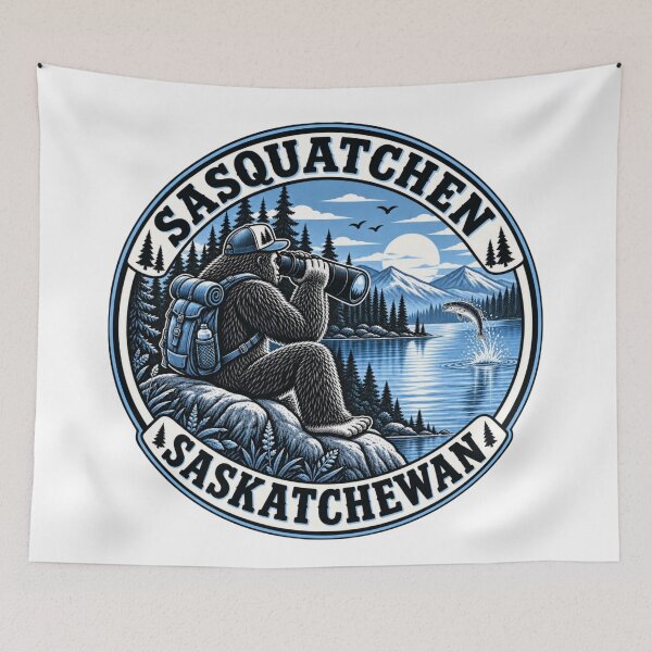 Item preview, Sasquatch watching a fish jump out of the lake with binoculars in Saskatchewan, Canada designed and sold by BigfeetLittlepaws.