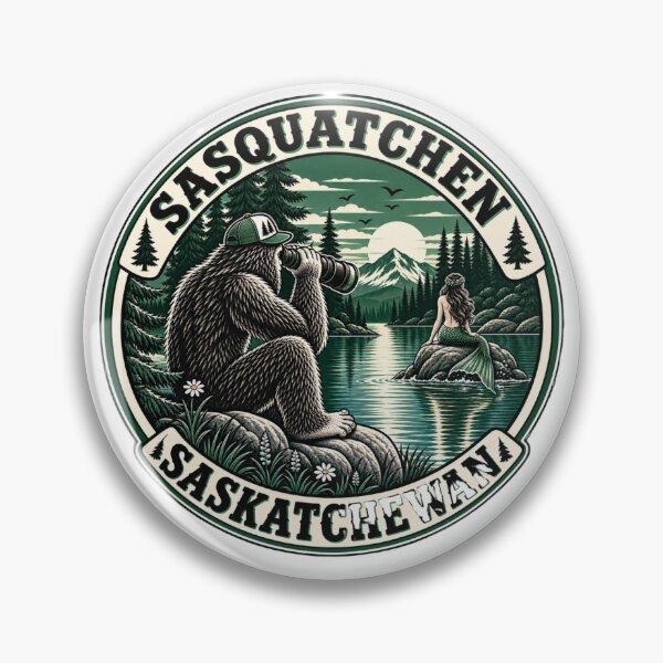 Item preview, Sasquatch watching a fishy mermaid sat on a rock in the lake with binoculars in Saskatchewan, Canada designed and sold by BigfeetLittlepaws.