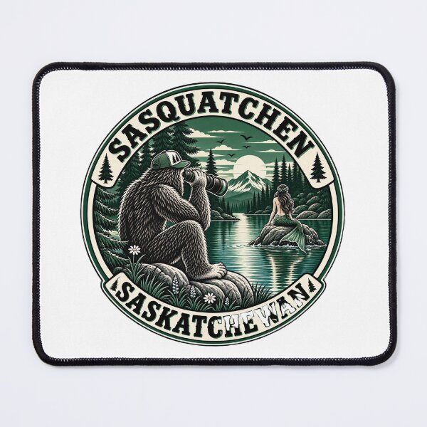 Item preview, Sasquatch watching a fishy mermaid sat on a rock in the lake with binoculars in Saskatchewan, Canada designed and sold by BritishDelights.