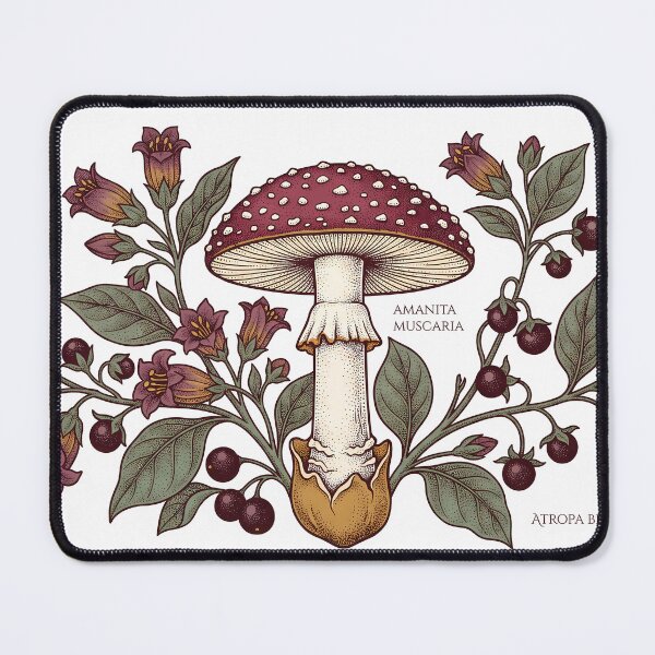 Item preview, a poisonous mushroom surrounded by blooming nightshade flowers designed and sold by Happy Beard prints.