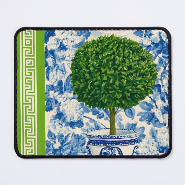 Item preview, Grandmillennial art, Topiary in a blue and white ginger jar, green Greek key and white and blue toile designed and sold by SophieClimaArt.