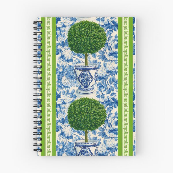 Item preview, Grandmillennial art, Topiary in a blue and white ginger jar, green Greek key and white and blue toile designed and sold by SophieClimaArt.